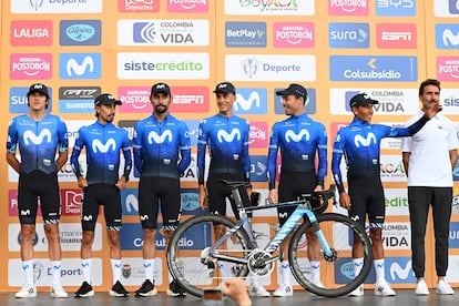 Presentación del equipo Movistar, con Nairo a la derecha, en Tunja.