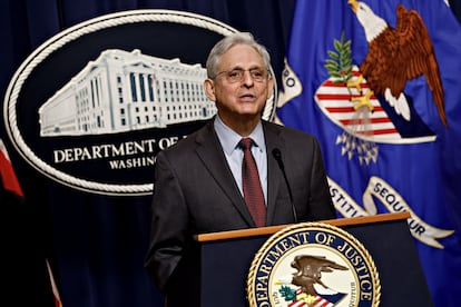 Merrick Garland, US attorney general, speaks during a news conference at the Department of Justice on March 7, 2023.