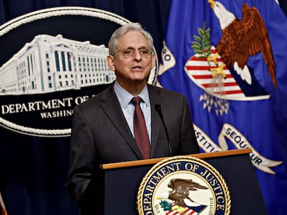 Merrick Garland, US attorney general, speaks during a news conference at the Department of Justice on March 7, 2023.