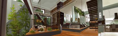 El interior de la casa está dominado por enormes ventanales, dobles alturas, y una cálida combinación de materiales, colores y texturas. Dibujo de preproducción.