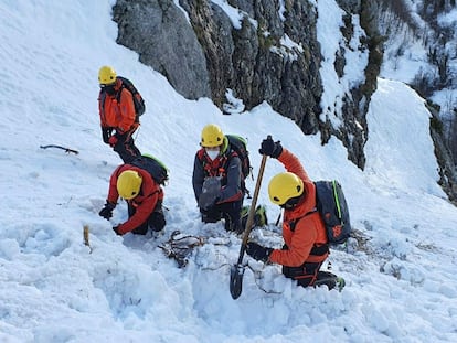 Parte del equipo de rescatadores que, durante cuatro semanas, buscó el cuerpo sin vida de Virgilio, uno de los dos operarios de la fresadora que se tragó la nieve el pasado 1 de enero.