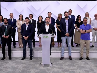 El líder de Vox, Santiago Abascal, comparece este jueves en la sede del partido en Madrid.