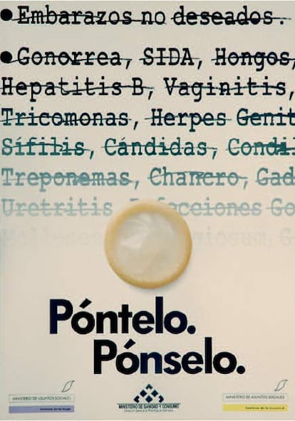 Cartel de la campaña de 1990 sobre el uso de preservativos encabezada con el lema <i>Póntelo. Pónselo</i>.