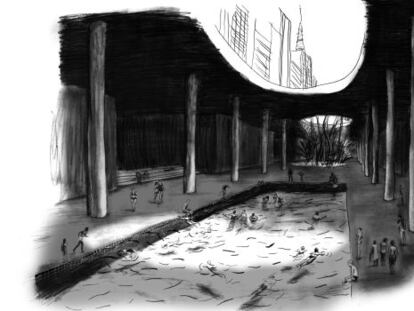Uma ilustração do guia mostra uma piscina sob a Avenida Paulista.