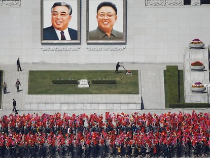 Os ensaios para o desfile em homenagem a Kim Il-Sung, em Pyongyang, na quarta-feira.