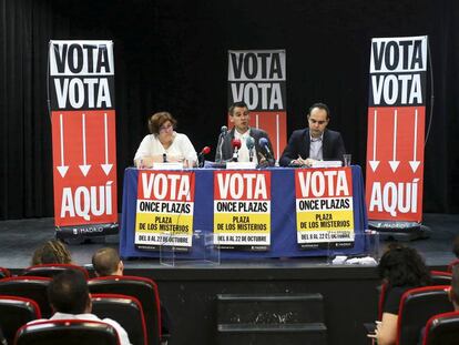 Soto, Calvo y Rodr&iacute;guez presentan la votaci&oacute;n sobre la remodelaci&oacute;n de once plazas de Madrid.