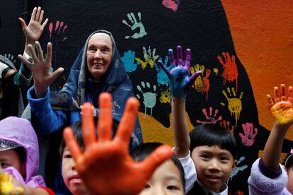 La primatóloga, etóloga y antropóloga Jane Goodall posa con niños de una escuela con las manos pintadas durante una campaña para concienciar sobre el comercio ilegal de la vida silvestre, en Hong Kong (China). 

