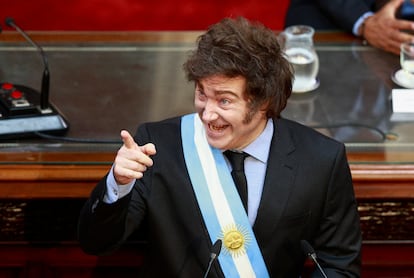 El presidente de Argentina, Javier Milei, en la sesión de apertura del periodo legislativo en el Congreso Nacional, en Buenos Aires, el pasado 1 de marzo.