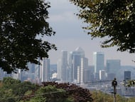 Distrito financiero Canary Wharf de Londres, visto desde Greenwich, en agosto.