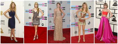 El estilo de Taylor Swift en las alfombras rojas ha ido evolucionando con los años, tanto en el vestuario como en sus peinados. Hoy suele apostar por 'looks' mucho más modernos que la alejan de la imagen aniñada con la que saltó a la fama. De izquierda a derecha, la cantante en 2008, 2010, 2011, 2013 y 2016.