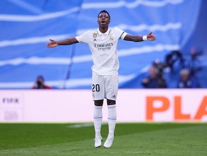 Vinicius celebra el gol del empate contra el Espanyol.