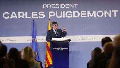 Carles Puigdemont, este jueves durante su intervención en Elna (sur de Francia).