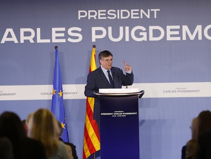 Carles Puigdemont, este jueves durante su intervención en Elna (sur de Francia).