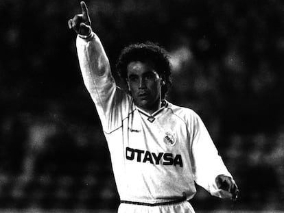 Hugo S&aacute;nchez, durante un partido del Madrid en 1993.