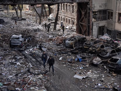 A street in Kharkiv hit by Russian missiles on April 16.