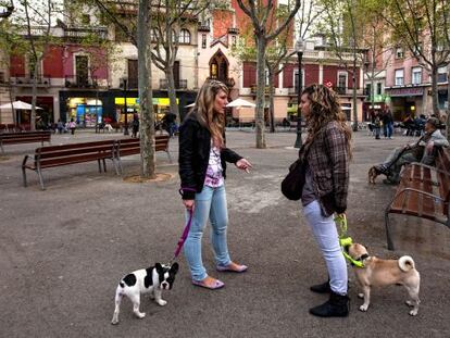 Two young people walk their dogs in Barcelona's Horta neighborhood.