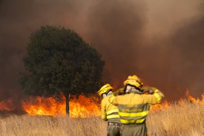 Varios bomberos trabajan para extinguir el incendio, en Molezuelas de la Carballeda, Zamora.