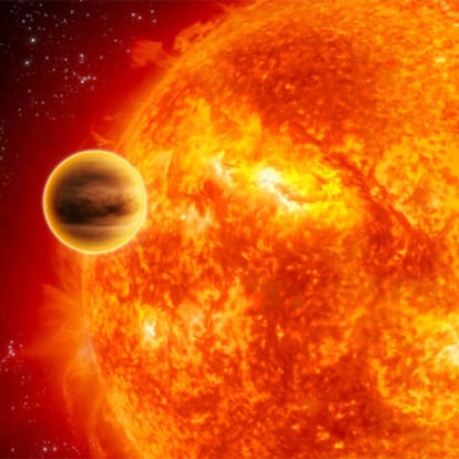 Ilustración de un planeta extrasolar en tránsito, cruzándose por delante de la estrella.