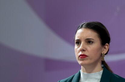 La ministra de Igualdad, Irene Montero, durante una rueda de prensa su ministerio, el 27 de enero en Madrid.