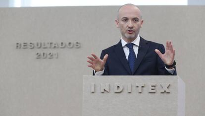 El consejero delegado, Óscar García Maceiras, durante la presentación de los últimos resultados de Inditex.