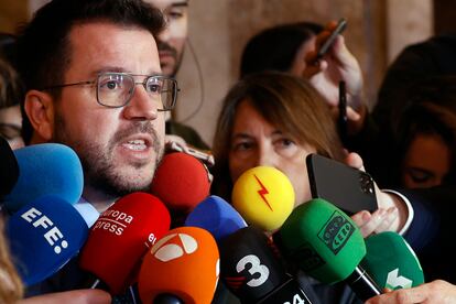 El presidente de la Generalitat, Pere Aragonès, en declaraciones a los medios tras la Comisión de Justicia este jueves.