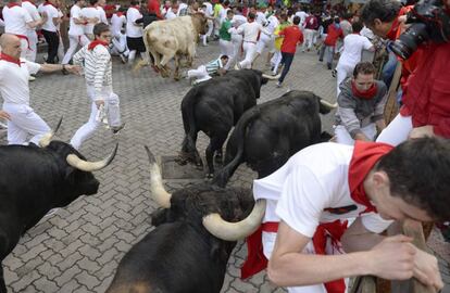 Un toro engancha a un mozo durante el segundo encierro de los Sanfermines 2014.