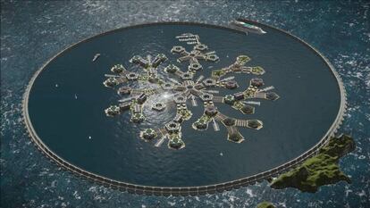 Recreación 3D del proyecto de islas del Seasteading Institute en la Polinesia Francesa.