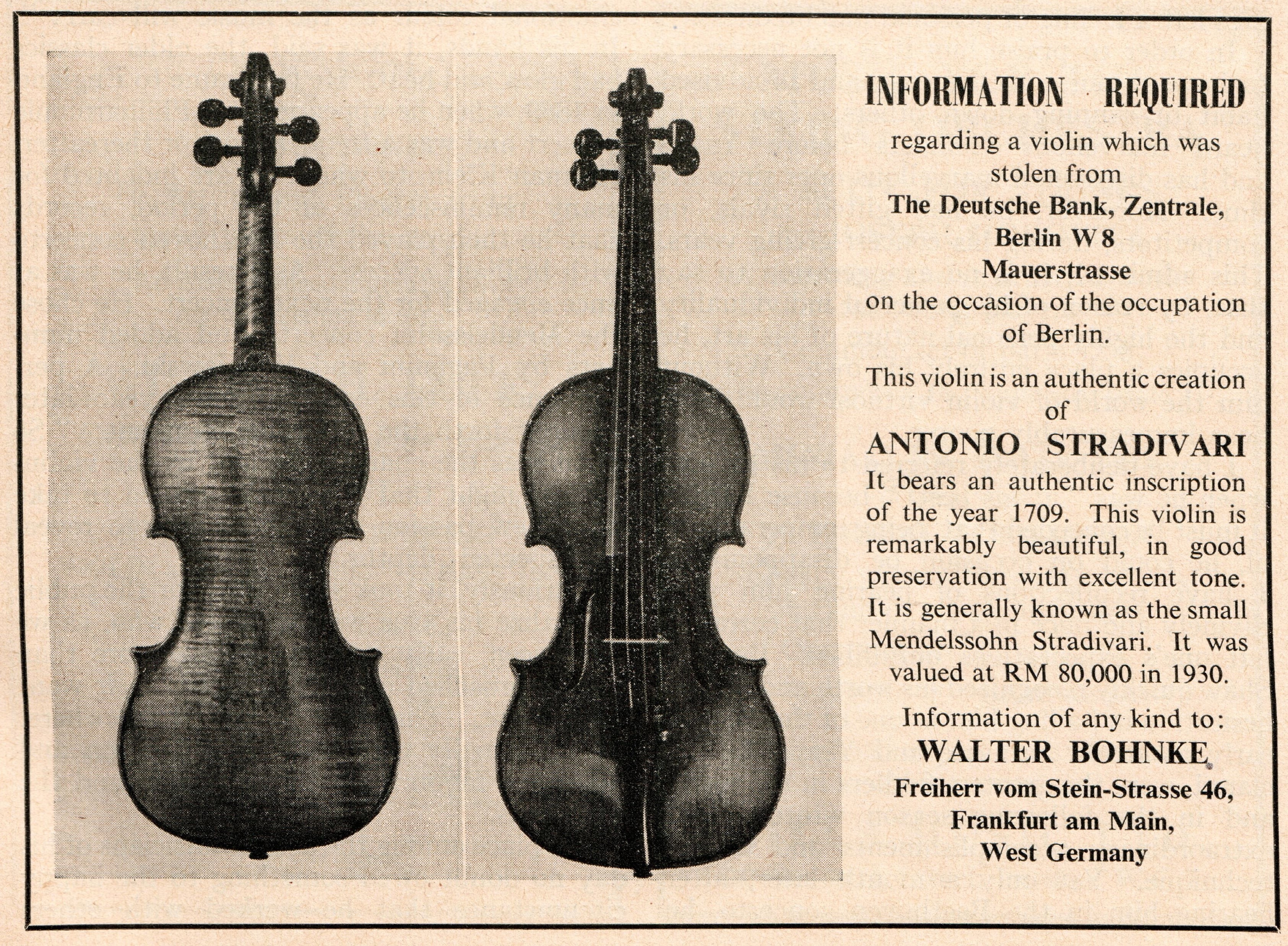 Anuncio de Walther Bohnke publicado en 1958 por la revista The Strad en el que solicitaba la recuperación el violín Stradivarius Mendelssohn de 1709 robado (Vol. LXIX. N.º 821, septiembre de 1958, p. 171).
