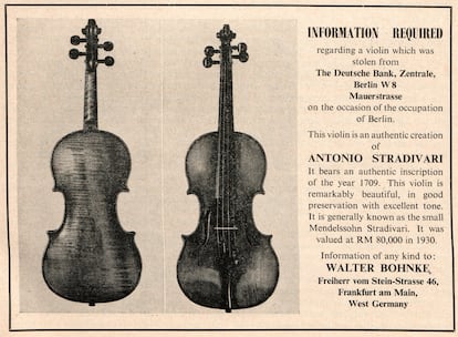 Anuncio de Walther Bohnke publicado en 1958 por la revista The Strad en el que solicitaba la recuperación el violín Stradivarius Mendelssohn de 1709 robado (Vol. LXIX. N.º 821, septiembre de 1958, p. 171).