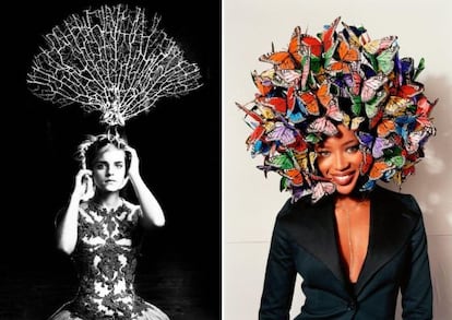 La actriz Emma Watson y, a la derecha, la 'top' Naomi Campbell con sombreros de Philip Treacy.