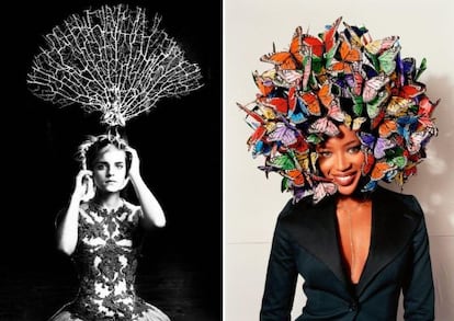 La actriz Emma Watson y, a la derecha, la &#039;top&#039; Naomi Campbell con sombreros de Philip Treacy.