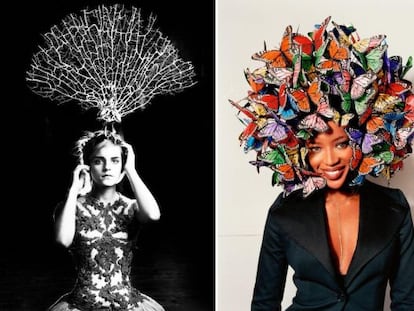 La actriz Emma Watson y, a la derecha, la &#039;top&#039; Naomi Campbell con sombreros de Philip Treacy.