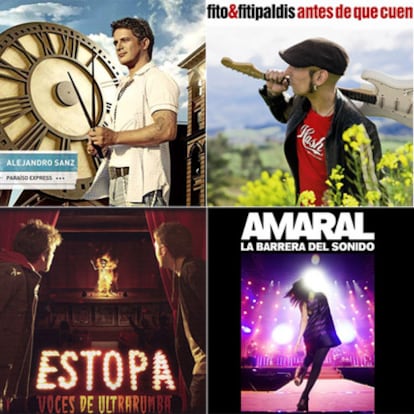 Portada de los discos de Alejandro Sanz <i>(Paraíso express), </i>Fito & Fitipaldis <i>(Antes de que cuente diez), </i>Estopa <i>(Voces de ultratumba) </i>y Amaral <i>(La barrera del sonido).</i>