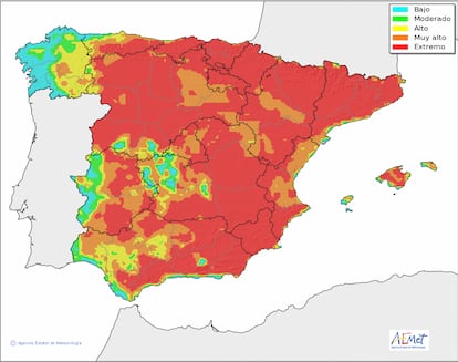 El mapa de riesgo de incendios de este viernes.