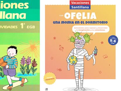 Combo de portadas de cuadernos de Vacaciones Santillana, de 1984 y 2021.