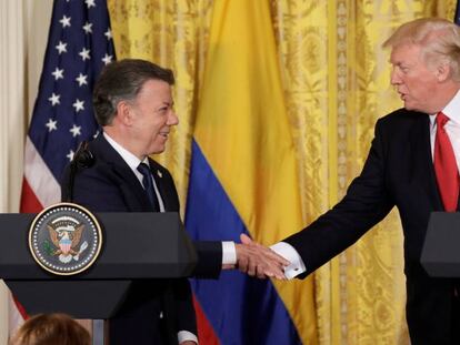 Juan Manuel Santos y Donald Trump este jueves en la Casa Blanca.