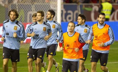 Los jugadores de la selección, en un entrenamiento en Albacete esta semana.