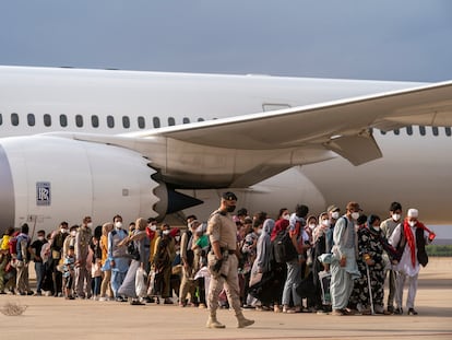 Afghan refugees arrive at the Torrejón de Ardoz airbase in Madrid on Monday.