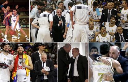 De izquierda a derecha y de arriba a abajo. Laso, ante Djordjevic, en su etapa de jugador del Madrid en 1996. Durante un tiempo muerto en su segunda temporada. En la celebración de la Copa de 2012 en el Sant Jordi. En el podio de campeón de la Euroliga en 2015. Recibiendo el abrazo de Herreros tras la Copa de 2015. Y abrazando a Campazzo tras ganar la pasada Copa en Málaga. efe / cordon / claudio álvarez / acbmedia / alejandro ruesga