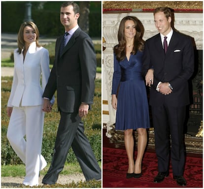 En el anuncio oficial de su compromiso, doña Letizia escogió un sobrio traje chaqueta blanco de Armani. En los primeros años, la seriedad y sobriedad marcaron su armario. En el anuncio oficial de su boda, Kate Middleton optó por un traje de satén azul ajustado a la cintura diseñado por la firma Issa London.