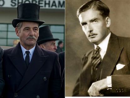 El primer ministro Anthony Eden en The Crown y en la vida real.