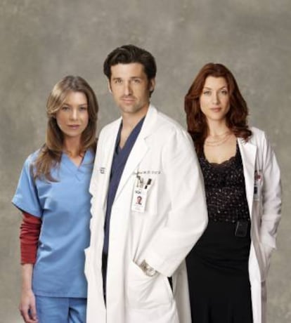 Los actores Ellen Pompeo, Patrick Dempsey y Kate Walsh como Meredith Grey, Derek Shepherd y Addison Shepherd en 'Anatomía de Grey'.