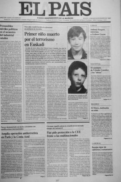 Portada del periódico del día posterior al del atentado que acabó con la vida del niño José María Piris y dejó malherido a Fernando García.
