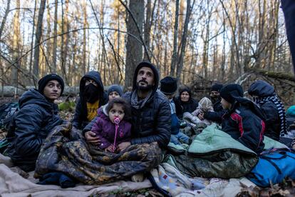 Una familia kurda de 16 miembros de tres generaciones, incluidos siete menores, en el bosque cercano a la frontera entre Polonia y Bielorrusia en Narewka, Polonia, el 9 de noviembre.