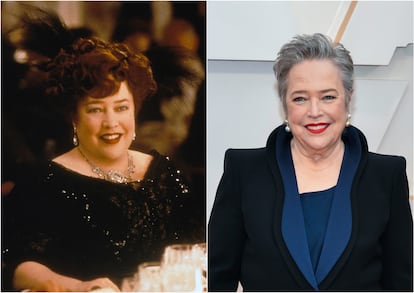 A la izquierda, Kathy Bates en 'Titanic'; a la derecha, en la alfombra roja de la 92ª edición de los Oscar, celebrada en 2020 en Hollywood. 