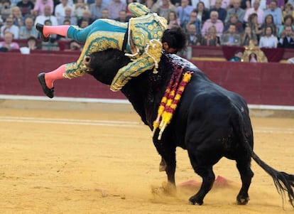 El diestro Cayetano Rivera es cogido este miércoles en la faena a su primer toro, de Parladé, durante la corrida de la Feria del Pilar de Zaragoza.