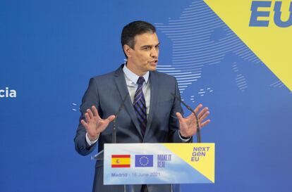 Pedro Sánchez en comparecencia el día en que la Comisión Europea dio el visto bueno al Plan de Recuperación, Transformación y Resiliencia.