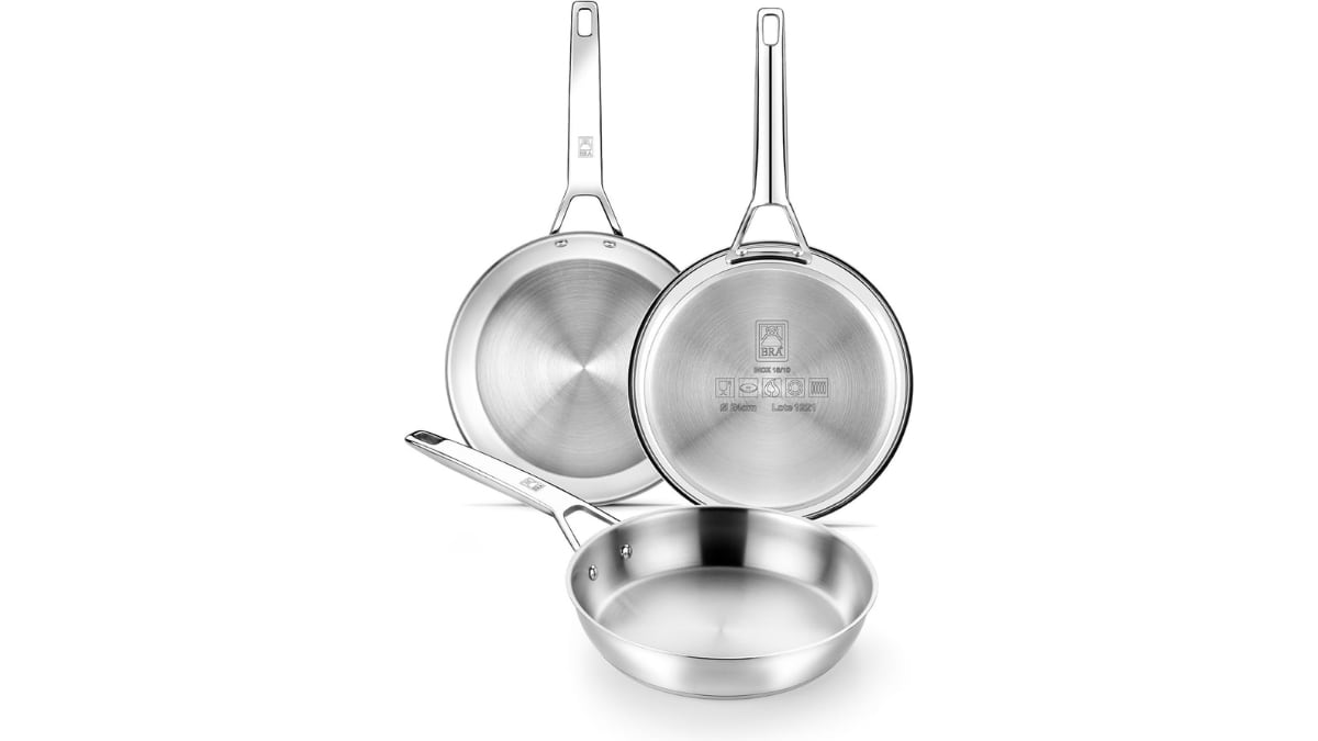 Set de tres sartenes de acero inoxidable de BRA Signature.