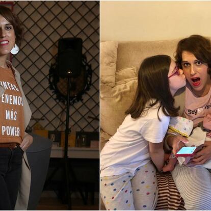 A la izquierda, Laura Baena, fundadora del Club de las Malasmadres, en 2018. A la derecha, Baena y sus tres hijas durante la cuarentena por el coronavirus.