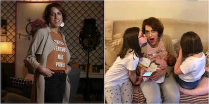 A la izquierda, Laura Baena, fundadora del Club de las Malasmadres, en 2018, retratada por Jaime Villanueva. A la derecha, Baena y sus tres hijas durante la cuarentena por el coronavirus.